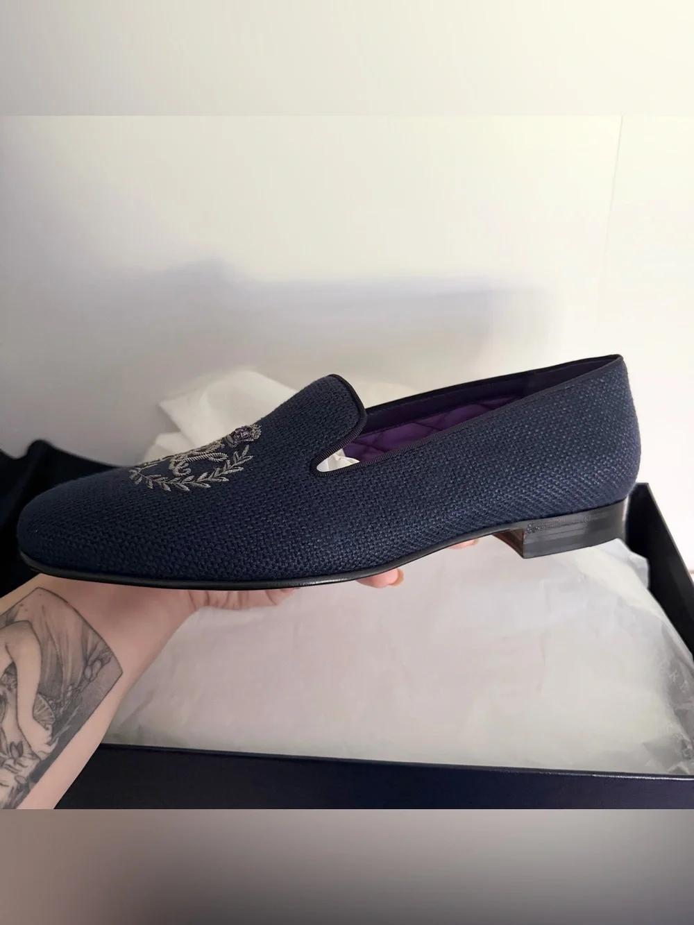 Ralph Lauren Purple Label Alonzo Bullion Crest Linen Slipper in Navy NWT NIB